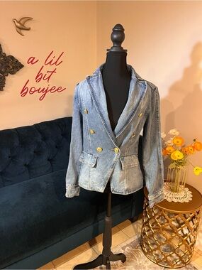 Dictionary Light Blue Denim Double-Breasted Jean Blazer Jacket